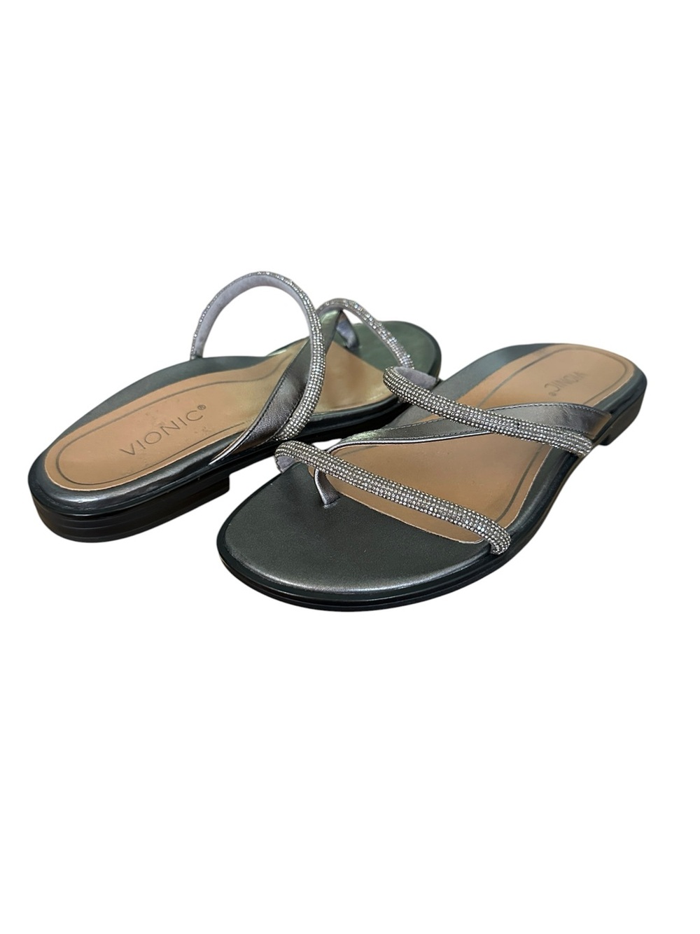 VIONIC Prism Sparkle Thong Sandals Metallic Pewter Gray Comfort Flats‎ Women’s 6